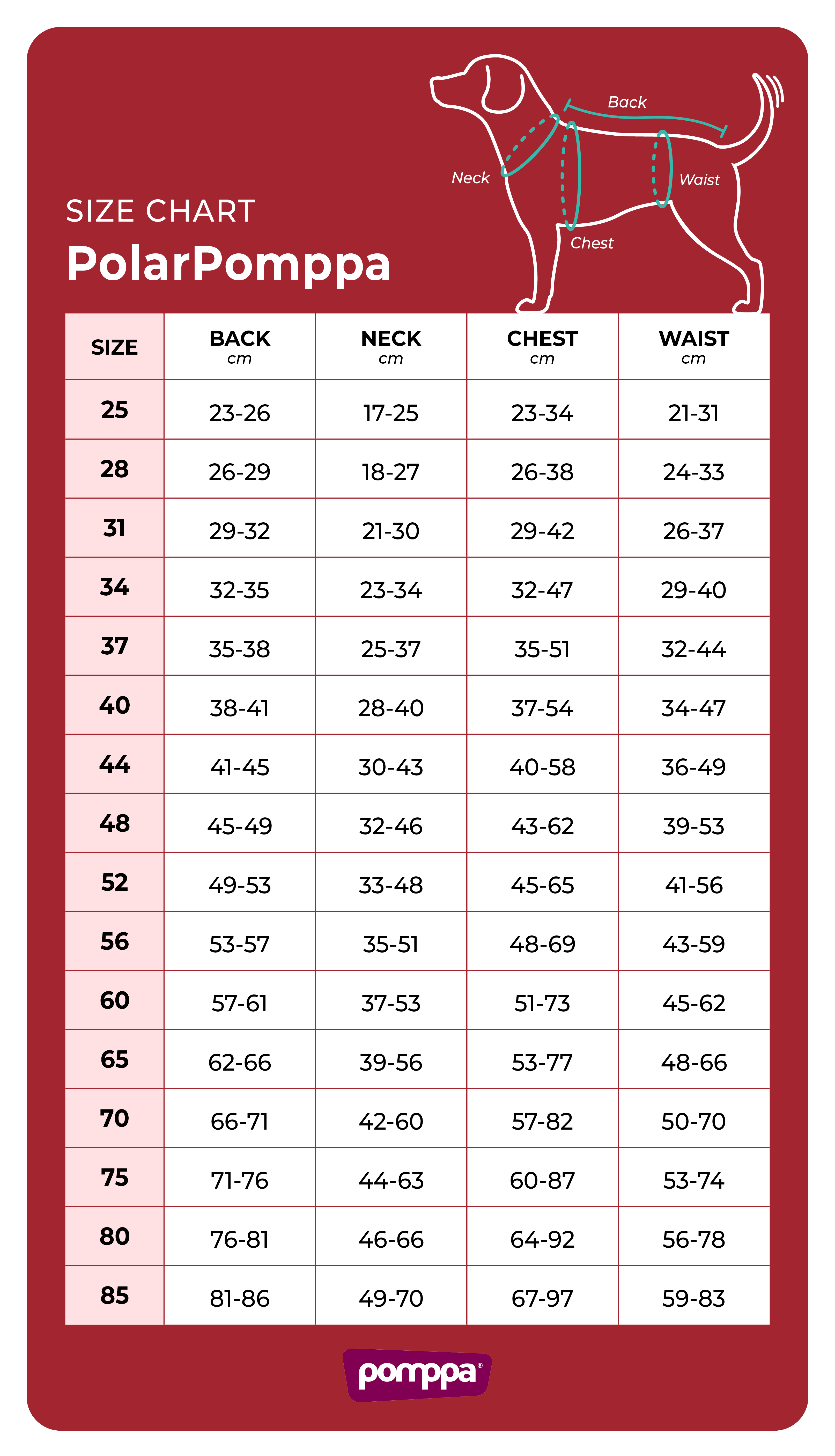 polar pomppa velkostna tabulka